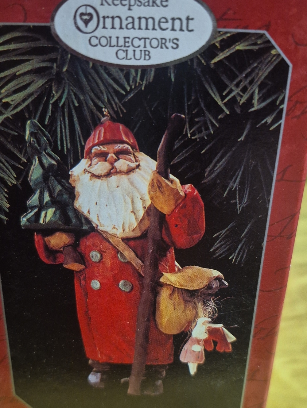 Hallmark Red Santa Figurine with Green Tree and Tan Bag